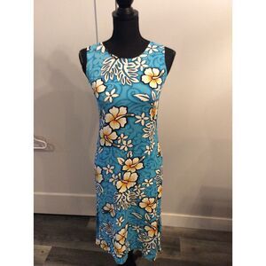 Tiki Palm Tropical Coconut Girl Hawaiian Dress Vintage Blue Small S